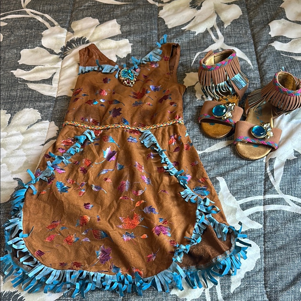 Disney Store Pocahontas Brown and Blue Fringe Dress with Sandals